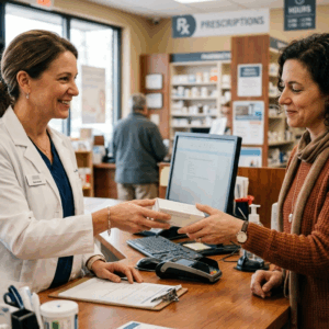 A pharmacist helps a customer understand Foundayo cost and available savings programs
