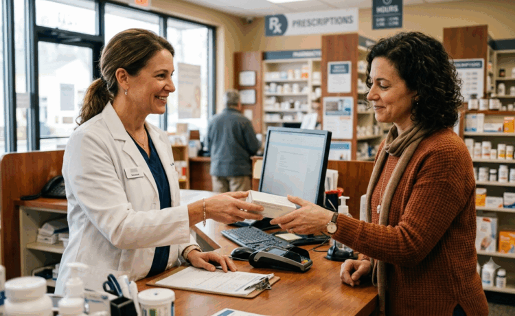 A pharmacist helps a customer understand Foundayo cost and available savings programs