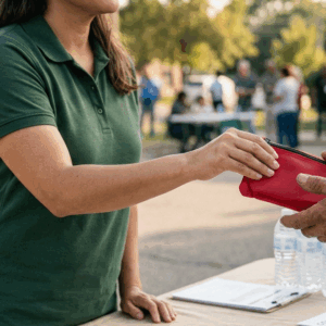 A community health worker hands a naloxone kit to a person at an outreach table, showing how to get naloxone for free