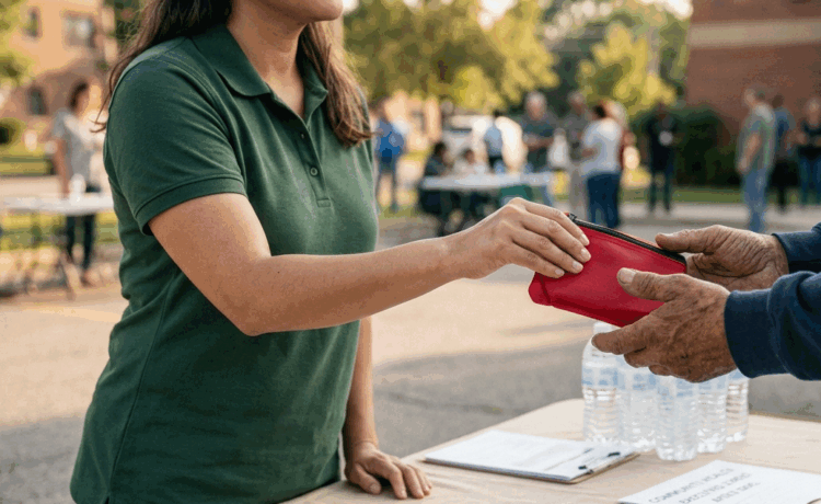 A community health worker hands a naloxone kit to a person at an outreach table, showing how to get naloxone for free