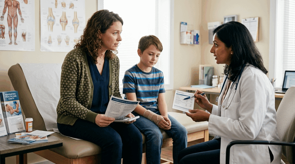 A parent and child meet with a pediatric rheumatologist to discuss juvenile arthritis medication costs and assistance options