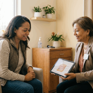 A patient discusses psoriasis treatment options and psoriasis medication costs with a dermatologist