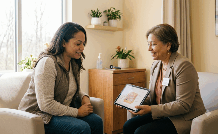 A patient discusses psoriasis treatment options and psoriasis medication costs with a dermatologist