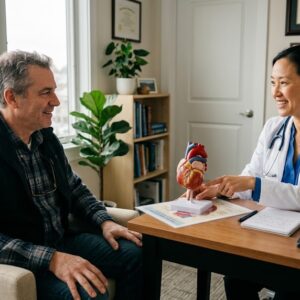 A patient and cardiologist discuss Lipfendra cost and treatment options for high cholesterol
