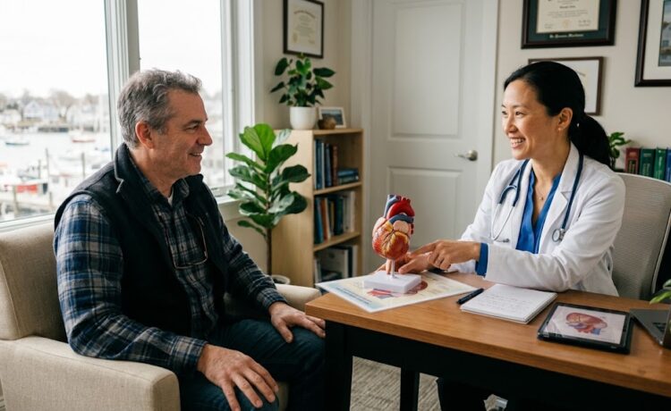 A patient and cardiologist discuss Lipfendra cost and treatment options for high cholesterol